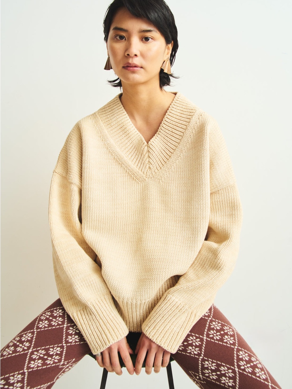 NWT Misha Puff Cream V-Neck Oversized Knit Sweater - Women